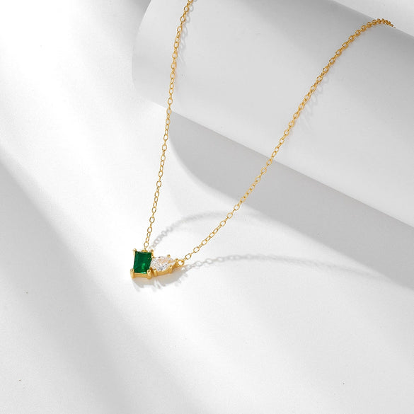 Wholesale Necklace Silver Inlaid With Emerald Rectangular Water Drop Zircon Geometric Women's