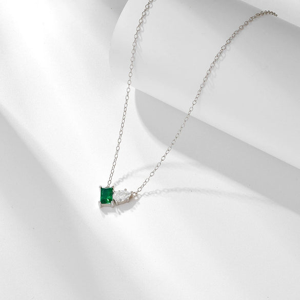 Wholesale Necklace Silver Inlaid With Emerald Rectangular Water Drop Zircon Geometric Women's