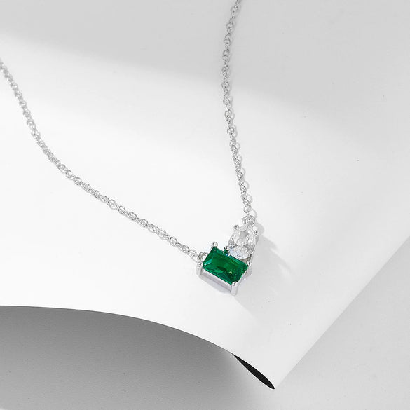 Wholesale Necklace Silver Inlaid With Emerald Rectangular Water Drop Zircon Geometric Women's