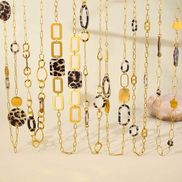 Wholesale Necklace Stainless Steel Acrylic Circle Leopard Print Woolen Electroplated 316L Stainless Steel Unisex
