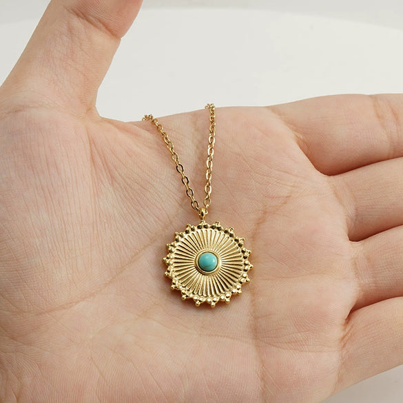 Wholesale Necklace 316L Stainless Steel Blue Turquoise Round Geometric Style Mixed Gem Inlay 18K Gold Plated For Women
