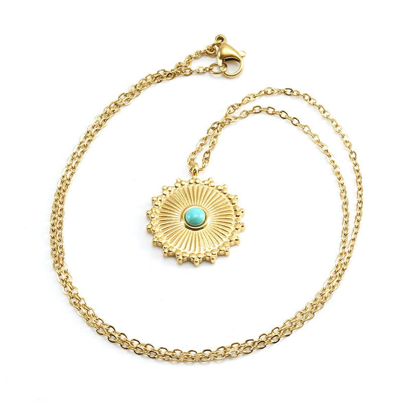 Wholesale Necklace 316L Stainless Steel Blue Turquoise Round Geometric Style Mixed Gem Inlay 18K Gold Plated For Women