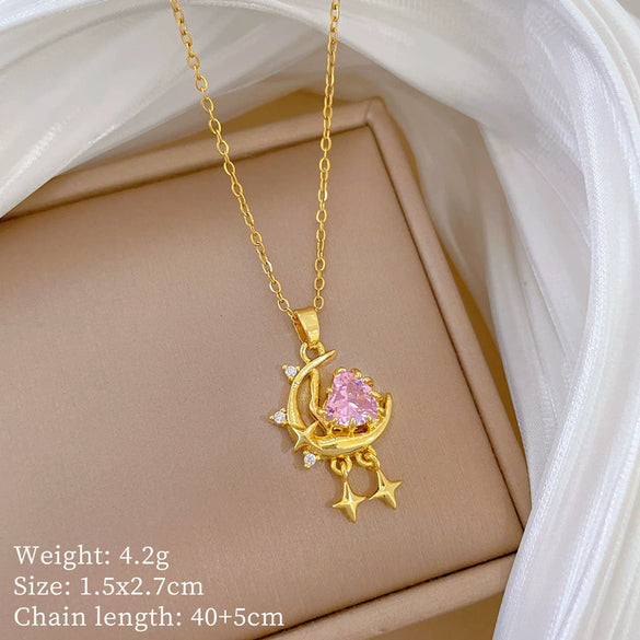 Wholesale Necklace Stainless Steel Copper Geometric Cartoon Pink Stars And Moon Full Diamond Light Luxury Elegant Gorgeous Unisex Allmatch Clavicle Chain
