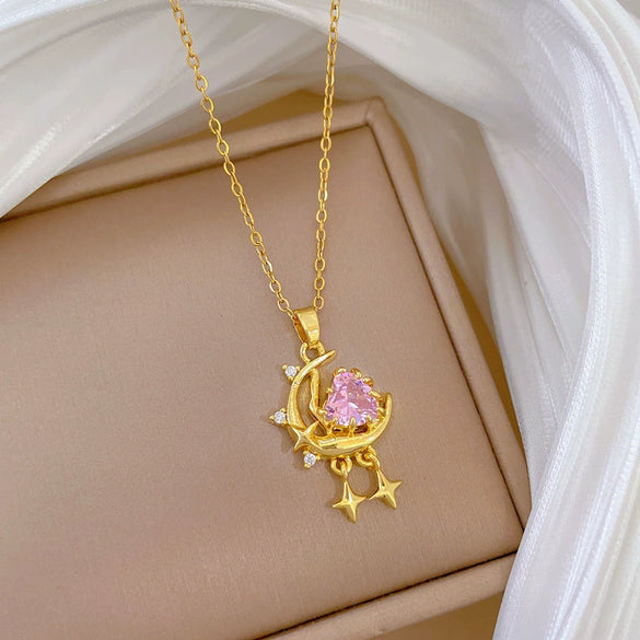 Wholesale Necklace Stainless Steel Copper Geometric Cartoon Pink Stars And Moon Full Diamond Light Luxury Elegant Gorgeous Unisex Allmatch Clavicle Chain