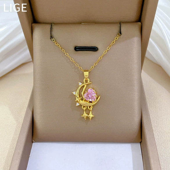 Wholesale Necklace Stainless Steel Copper Geometric Cartoon Pink Stars And Moon Full Diamond Light Luxury Elegant Gorgeous Unisex Allmatch Clavicle Chain
