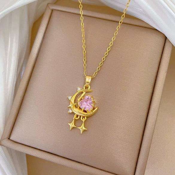 Wholesale Necklace Stainless Steel Copper Geometric Cartoon Pink Stars And Moon Full Diamond Light Luxury Elegant Gorgeous Unisex Allmatch Clavicle Chain