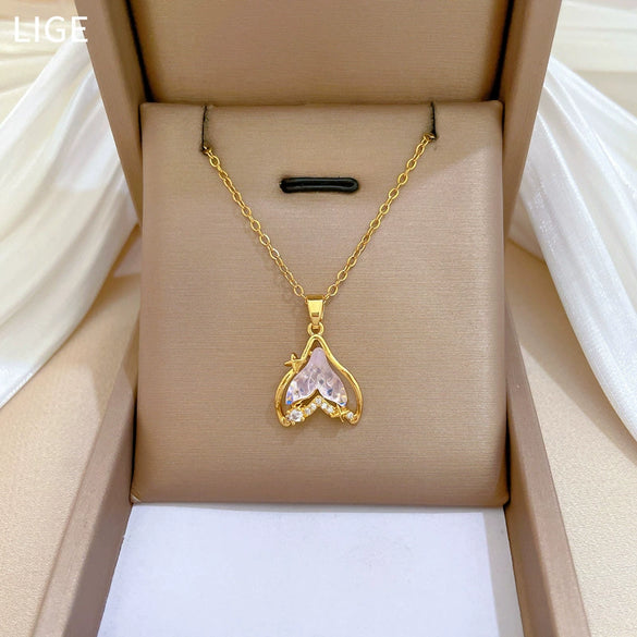 Wholesale Necklace Stainless Steel Copper Geometric Fishtail Hollow Light Luxury Elegant Gorgeous Full Diamond Unisex Allmatch Clavicle Chain