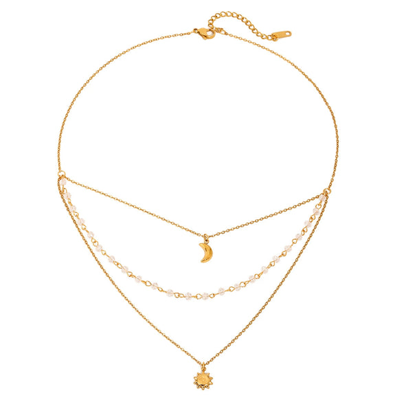 Wholesale Necklace Stainless Steel Crystal Electroplating Geometric Star Moon Tassel Three Layer Jewelry For Women