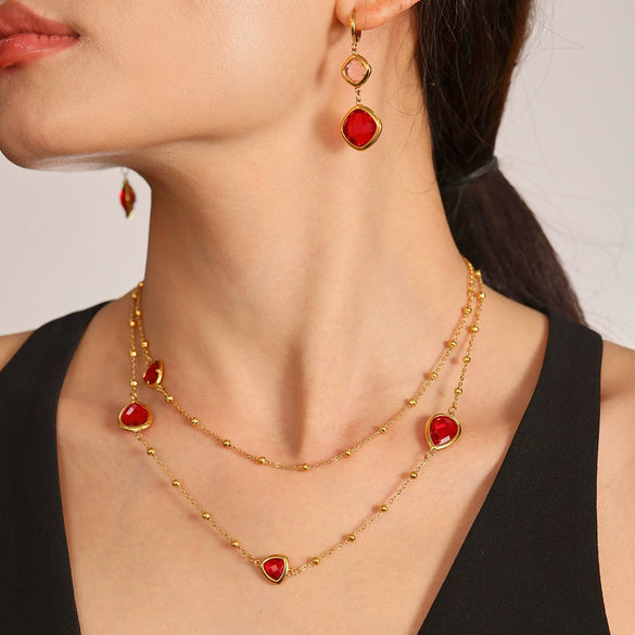 Wholesale Necklace 316L Stainless Steel Czech Faceted Glass Water Drop Triangular Geometric Light Luxury Electroplating Women's