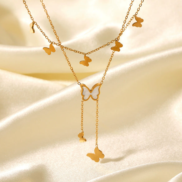 Wholesale Necklace Stainless Steel Double Layer Butterfly Tassel Women's Light Luxury Elegant Clavicle Chain With Electroplating And Geometric Animal Pattern
