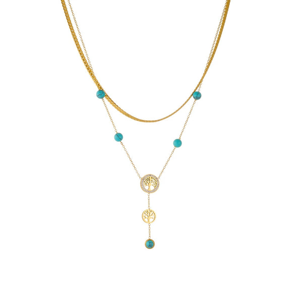 Wholesale Necklace Stainless Steel Double Layer Gold Plated Tassel Life Tree Blue Turquoise Fashion Retro Accessory