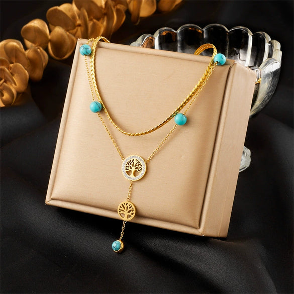 Wholesale Necklace Stainless Steel Double Layer Gold Plated Tassel Life Tree Blue Turquoise Fashion Retro Accessory