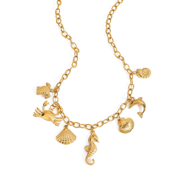 Wholesale Necklace Stainless Steel Geometric Animal Design Electroplating With Turtle Conch Dolphin Crab Shell