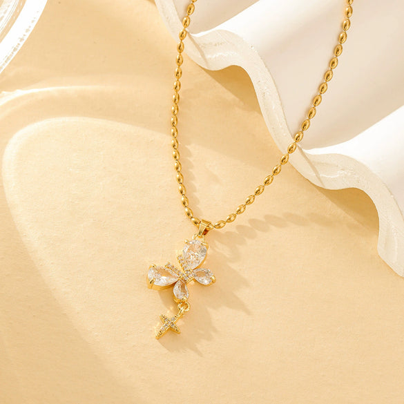 Wholesale Necklace Stainless Steel Geometric Butterfly Water Drop Microinlaid Mixed Gemstone Electroplating