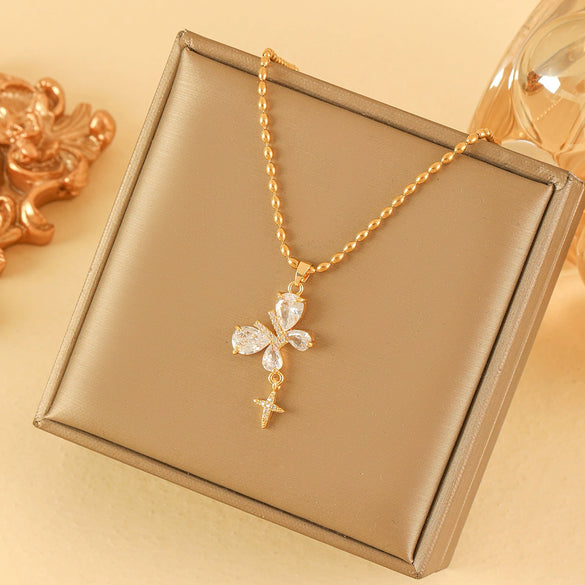 Wholesale Necklace Stainless Steel Geometric Butterfly Water Drop Microinlaid Mixed Gemstone Electroplating