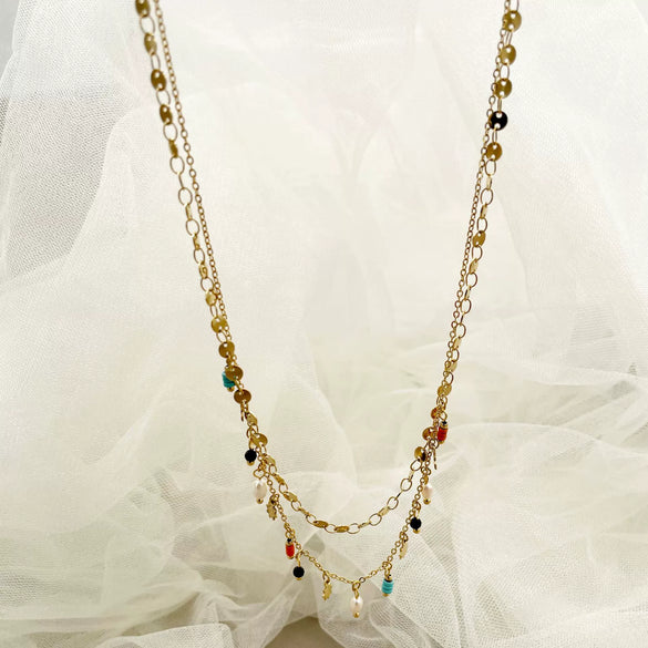 Wholesale Necklace Stainless Steel Geometric Retro Bohemian Style Double Layer With Pearl Color Bead Pendant Electroplated