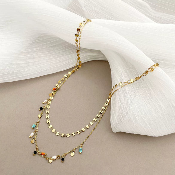 Wholesale Necklace Stainless Steel Geometric Retro Bohemian Style Double Layer With Pearl Color Bead Pendant Electroplated