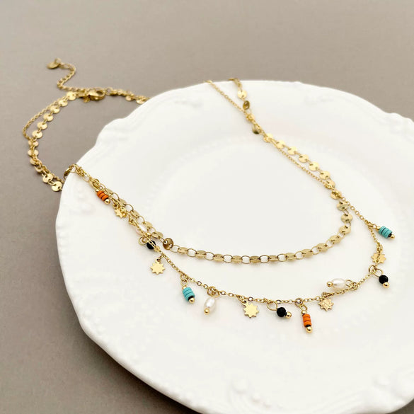 Wholesale Necklace Stainless Steel Geometric Retro Bohemian Style Double Layer With Pearl Color Bead Pendant Electroplated