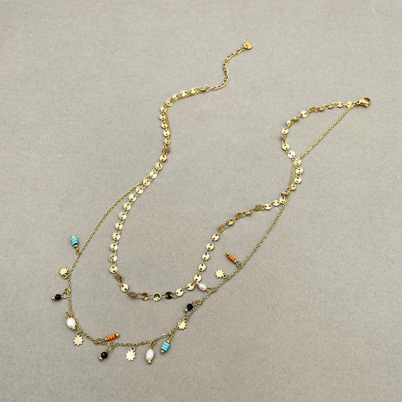 Wholesale Necklace Stainless Steel Geometric Retro Bohemian Style Double Layer With Pearl Color Bead Pendant Electroplated