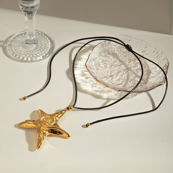Wholesale Necklace Stainless Steel Geometric Starfish Pendant Electroplated Black Wax Rope Retro Style For Women