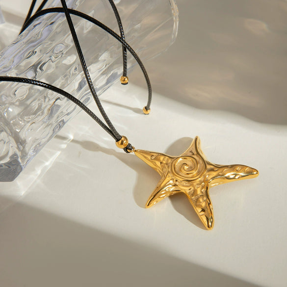 Wholesale Necklace Stainless Steel Geometric Starfish Pendant Electroplated Black Wax Rope Retro Style For Women