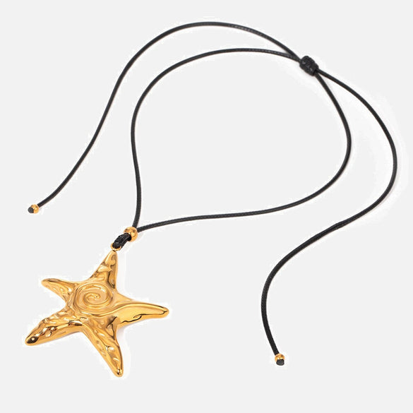 Wholesale Necklace Stainless Steel Geometric Starfish Pendant Electroplated Black Wax Rope Retro Style For Women