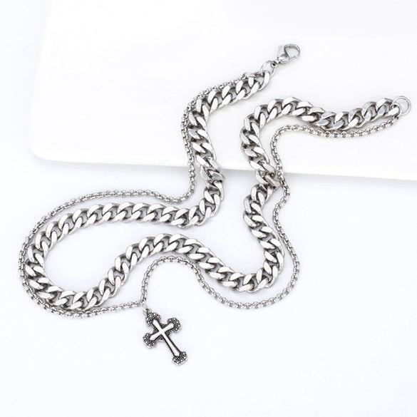 Wholesale Necklace Stainless Steel Geometric Vintage Punk Double Layer Snake Bone Chain Cross For Men With Oil Treatment