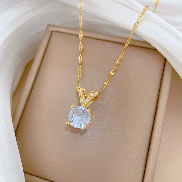 Wholesale Necklace Stainless Steel Geometric Vshaped Square Diamond Pendant Unisex