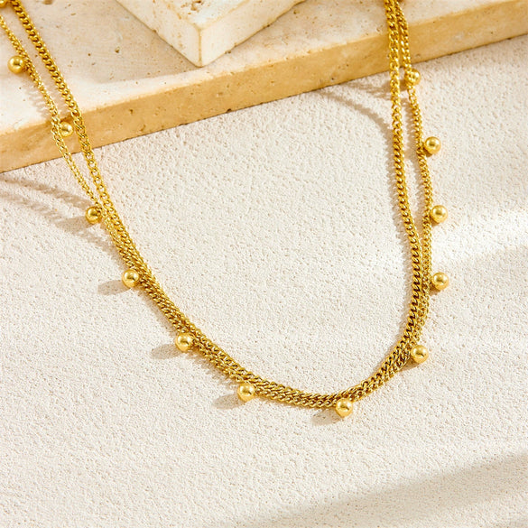 Wholesale Necklace Stainless Steel Gold Plated Geometric Doublelayer Round Bead Chain For Women