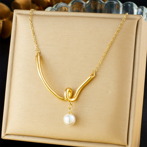 Wholesale Necklace Stainless Steel Gold Plated Geometric Knot Twist V Pendant Pearl Fashion Chain