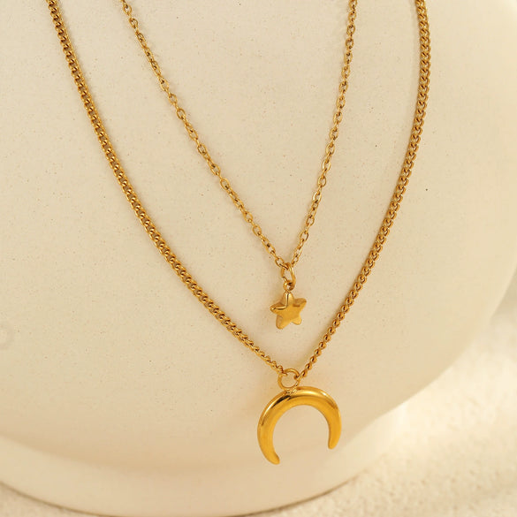 Wholesale Necklace Stainless Steel Gold Plated Geometric Star Moon Retro Style