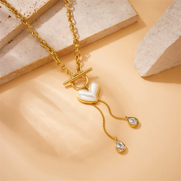 Wholesale Necklace Stainless Steel Gold Plated Retro Pearl Love Ot Buckle Chain Tassel Fashion Style