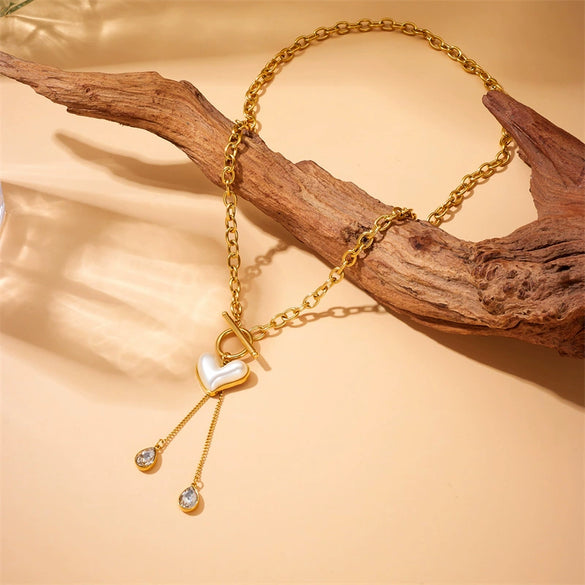 Wholesale Necklace Stainless Steel Gold Plated Retro Pearl Love Ot Buckle Chain Tassel Fashion Style