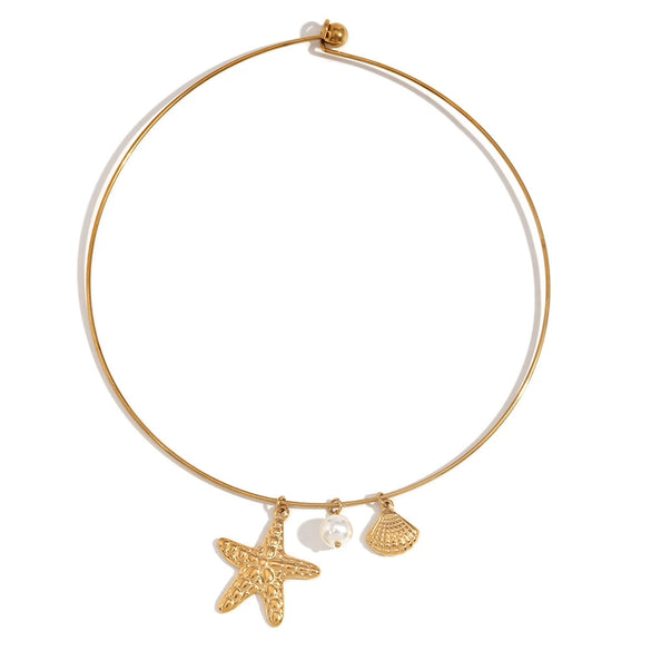 Wholesale Necklace Stainless Steel Gold Plated Starfish Scallop Conch Pearl Pendant For Female