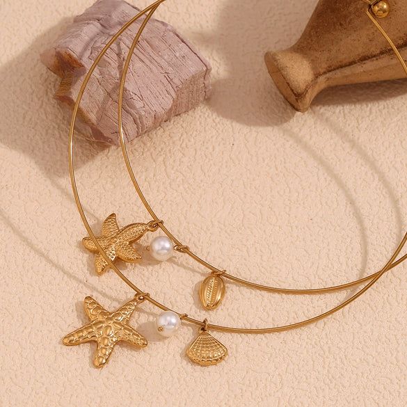 Wholesale Necklace Stainless Steel Gold Plated Starfish Scallop Conch Pearl Pendant For Female