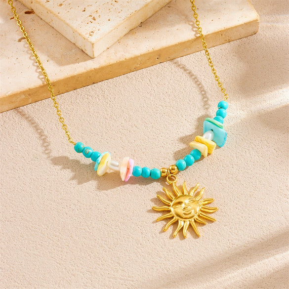 Wholesale Necklace Stainless Steel Goldplated Irregular Stone Beaded Sun Pendant O Word Chain For Women