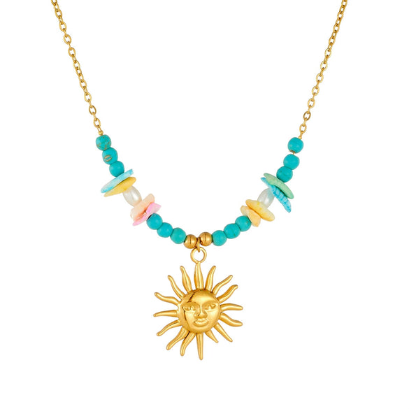 Wholesale Necklace Stainless Steel Goldplated Irregular Stone Beaded Sun Pendant O Word Chain For Women