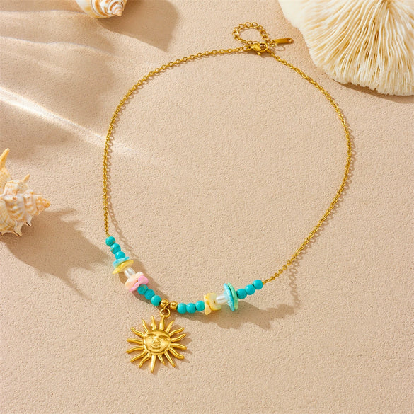 Wholesale Necklace Stainless Steel Goldplated Irregular Stone Beaded Sun Pendant O Word Chain For Women