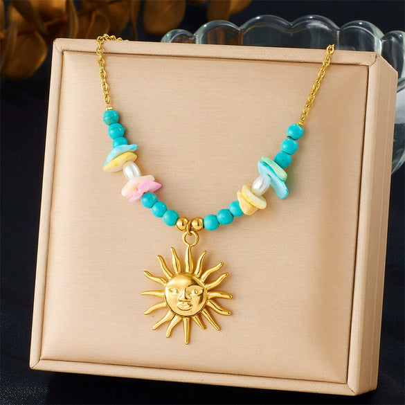 Wholesale Necklace Stainless Steel Goldplated Irregular Stone Beaded Sun Pendant O Word Chain For Women