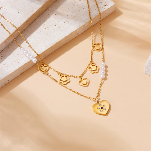 Wholesale Necklace Stainless Steel Goldplated Pearl Love Eyes Butterfly Pendant Heart Shape