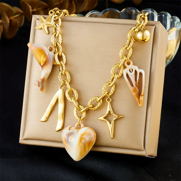 Wholesale Necklace Stainless Steel Heart Shape Pendant 18K Gold Plated O Word Chain For Women's Personality Style