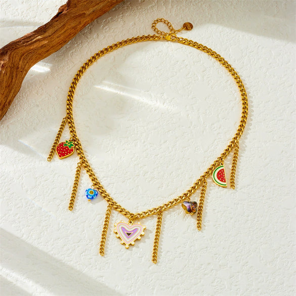 Wholesale Necklace Stainless Steel Heart Shape Vintage Print Tassel Chain Electroplating