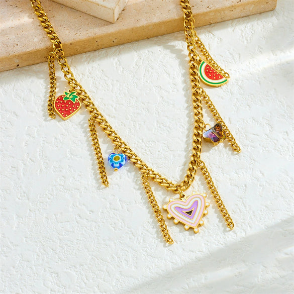 Wholesale Necklace Stainless Steel Heart Shape Vintage Print Tassel Chain Electroplating