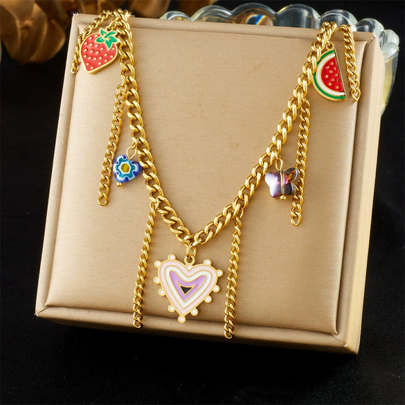 Wholesale Necklace Stainless Steel Heart Shape Vintage Print Tassel Chain Electroplating