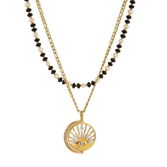 Wholesale Necklace Stainless Steel Imitation Pearl Bead String Eye Pendant Retro Geometric Style Titanium Steel Electroplated