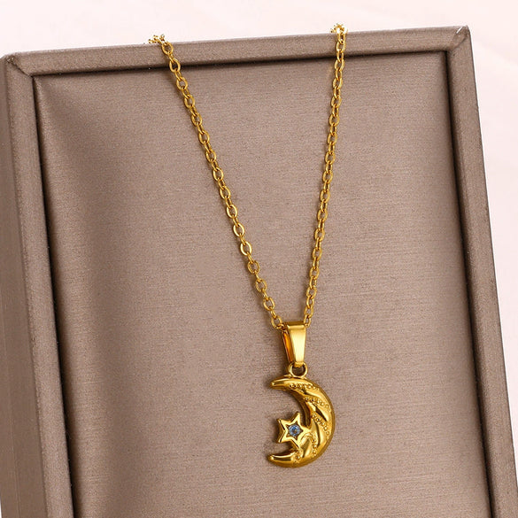 Wholesale Necklace Stainless Steel Inlaid Zircon With Star Moon Four Leaf Clover Pendant Electroplated Letters Numbers Text Design