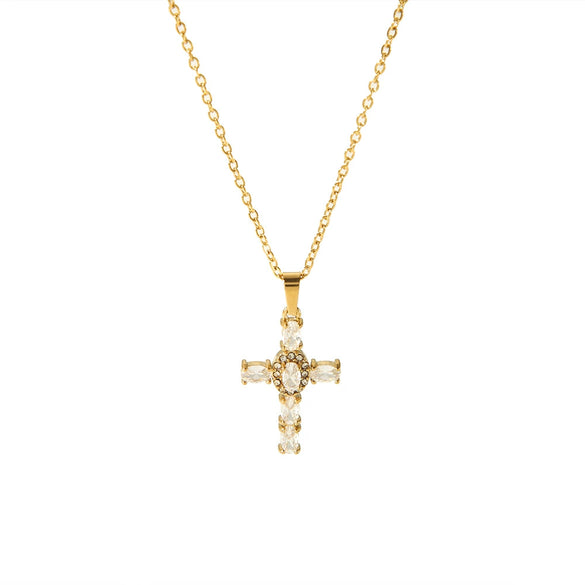 Wholesale Necklace Stainless Steel 18K Gold Plated Cross Set Zircon Geometric Light Luxury Style