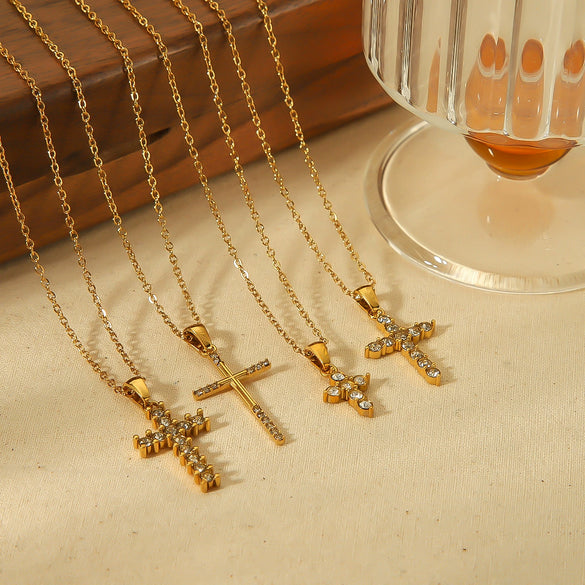 Wholesale Necklace Stainless Steel 18K Gold Plated Cross Set Zircon Geometric Light Luxury Style