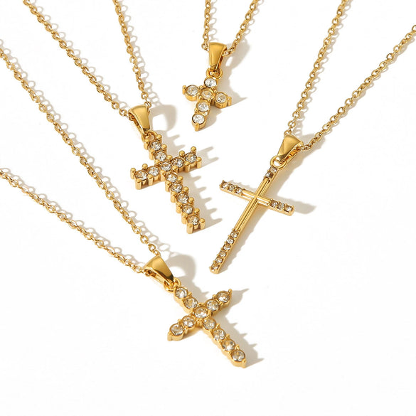 Wholesale Necklace Stainless Steel 18K Gold Plated Cross Set Zircon Geometric Light Luxury Style
