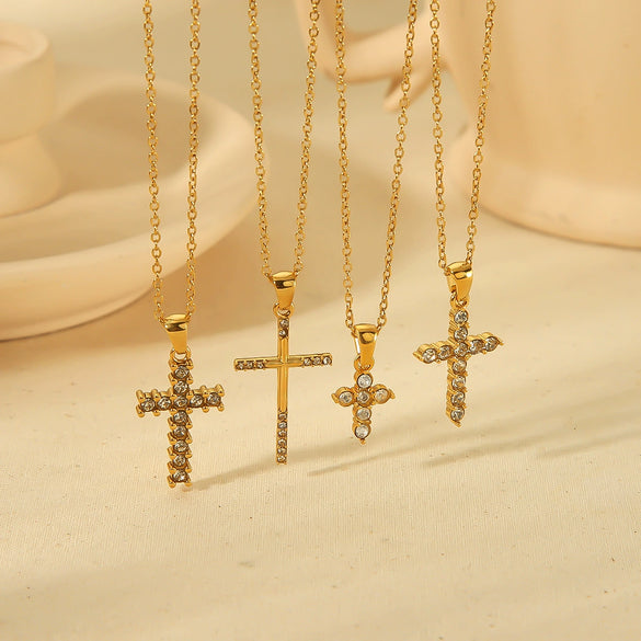 Wholesale Necklace Stainless Steel 18K Gold Plated Cross Set Zircon Geometric Light Luxury Style